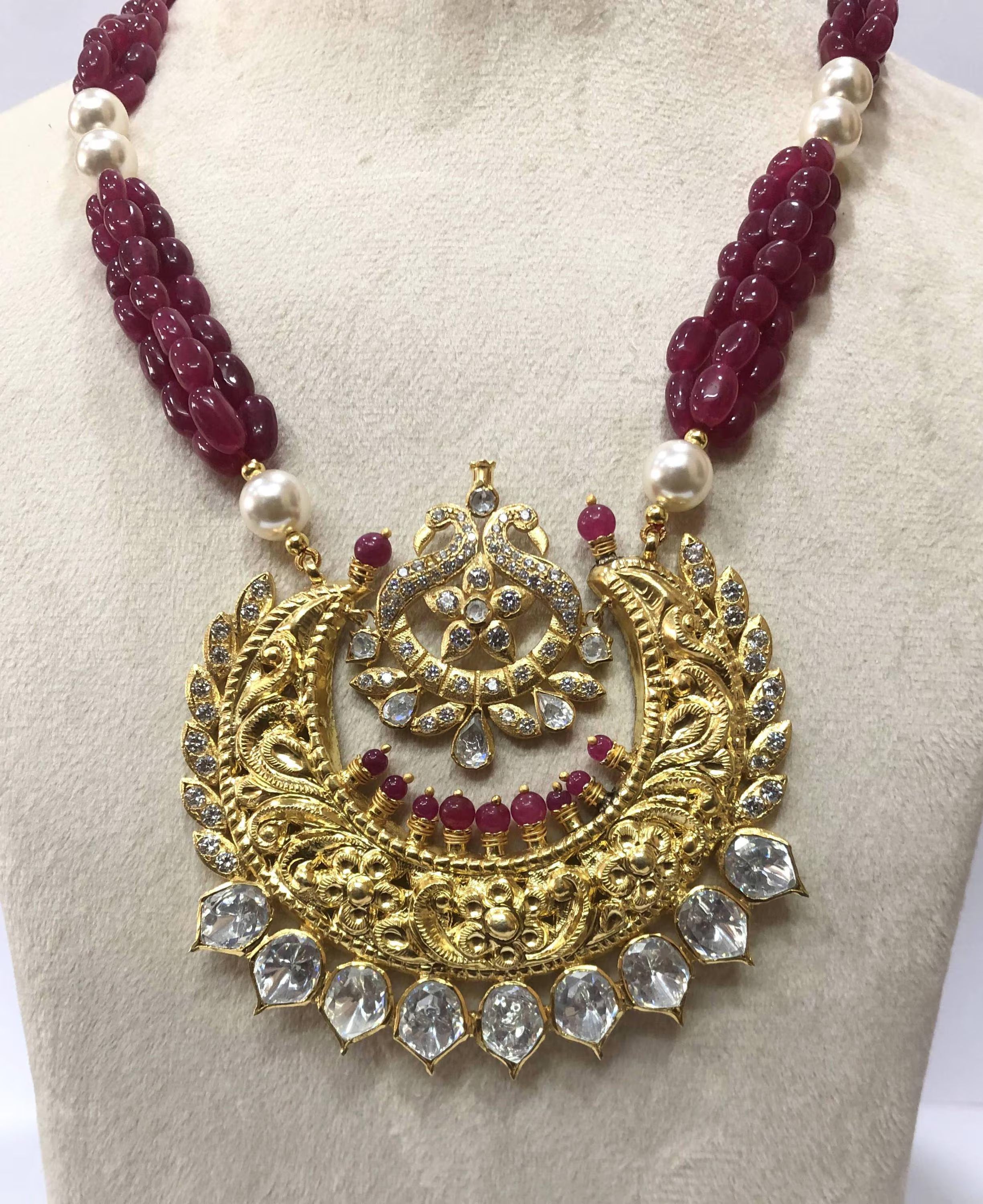 22kt Gold Ruby Pearl Temple Necklace, Handmade Jadau Pendant for Women