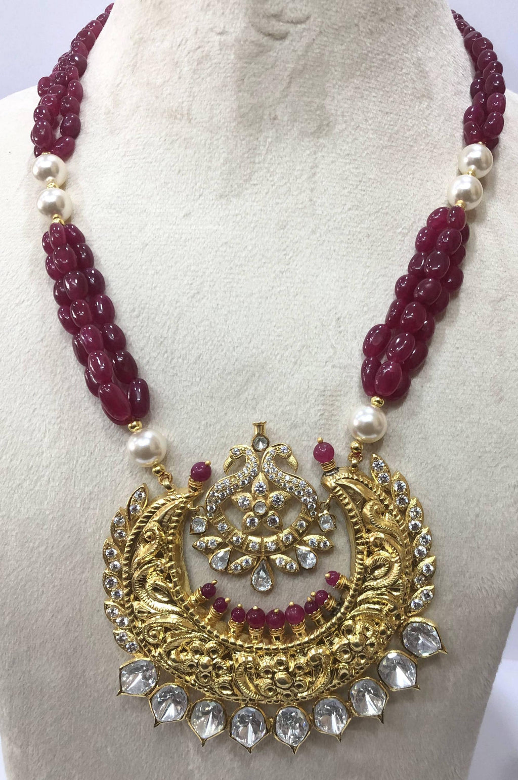 22kt Gold Ruby Pearl Temple Necklace, Handmade Jadau Pendant for Women