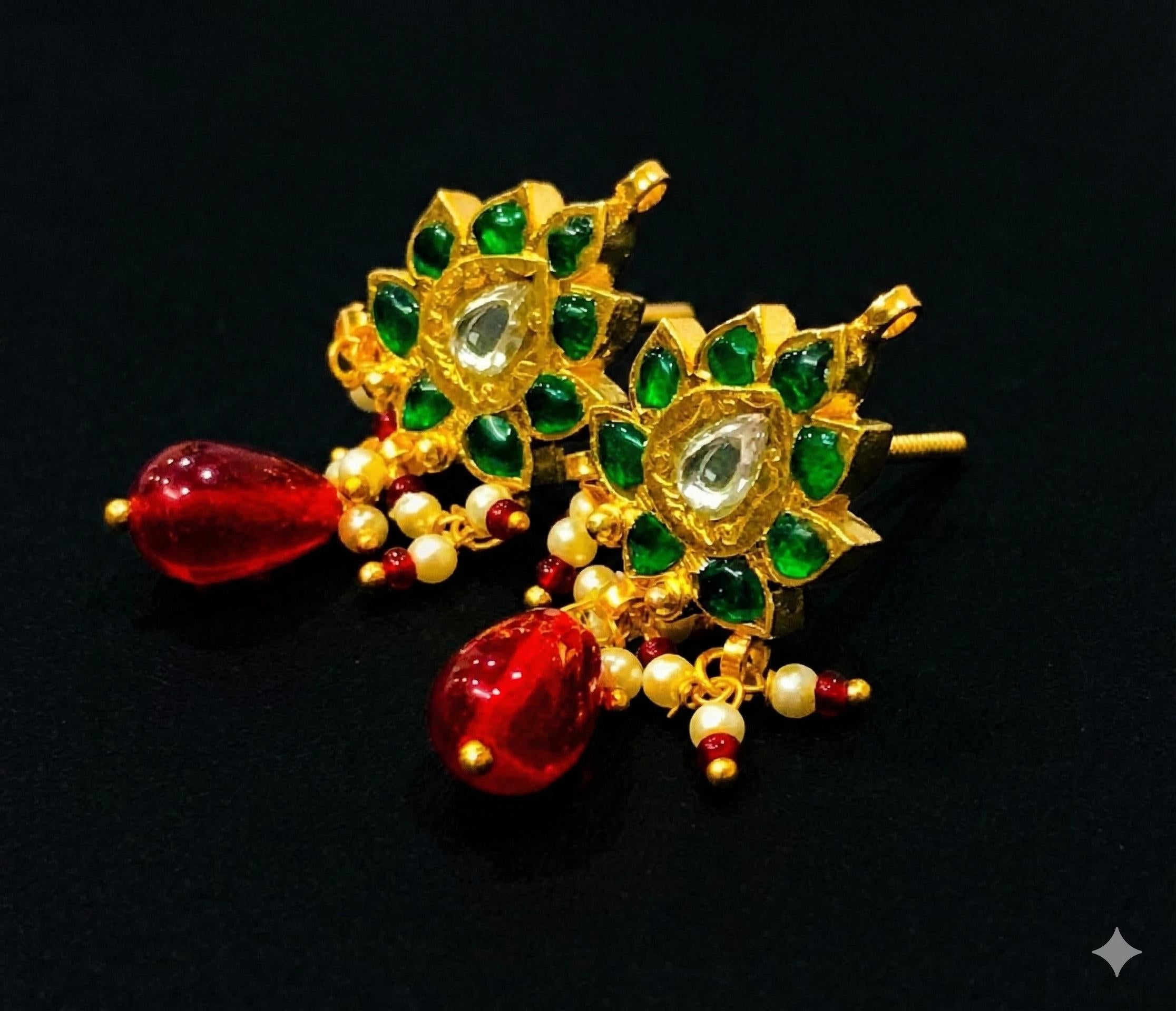 22kt Gold Polki Meenakari Drop Earrings, Handmade Jadau Indian Wedding Jewelry