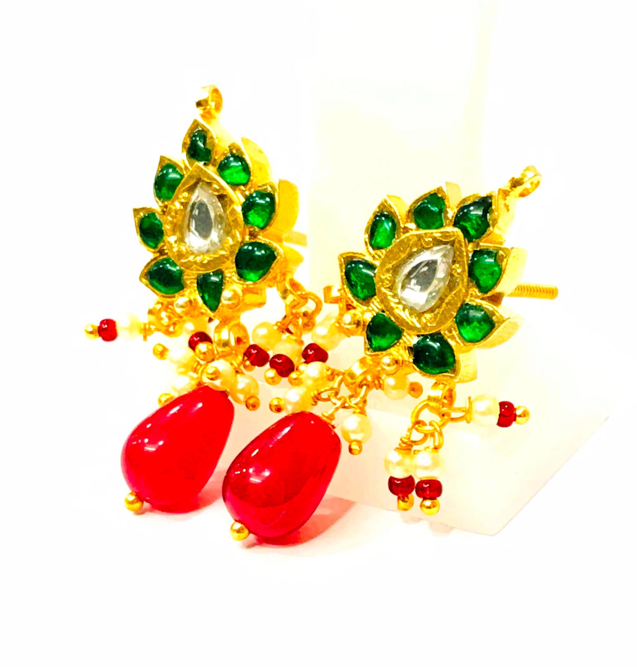 22kt Gold Polki Meenakari Drop Earrings, Handmade Jadau Indian Wedding Jewelry