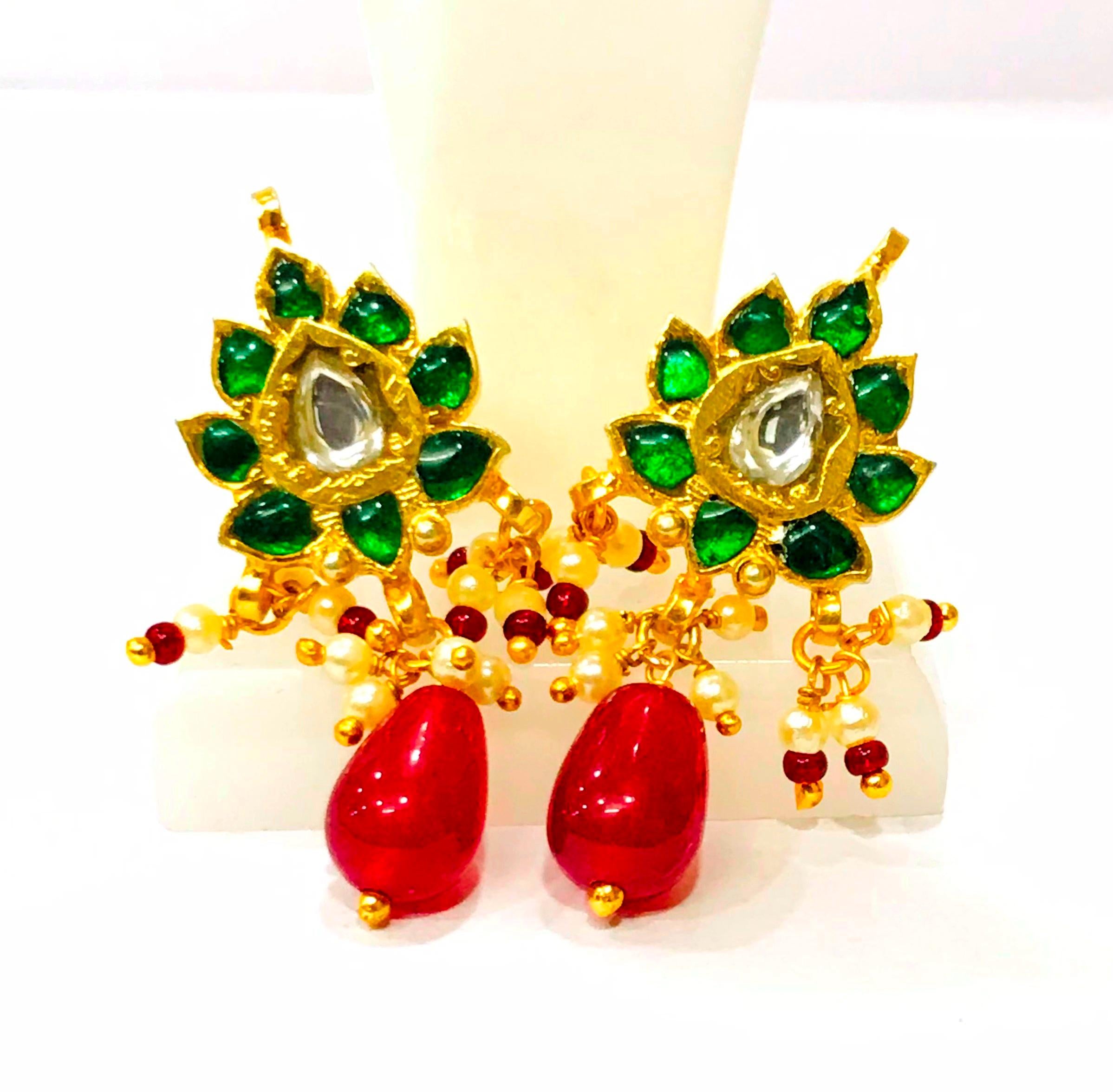 22kt Gold Polki Meenakari Drop Earrings, Handmade Jadau Indian Wedding Jewelry