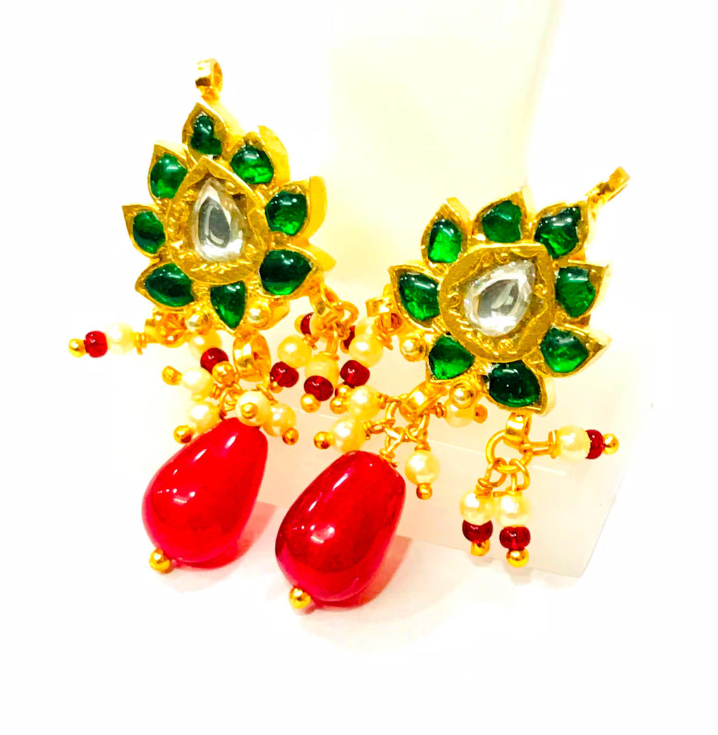 22kt Gold Polki Meenakari Drop Earrings, Handmade Jadau Indian Wedding Jewelry