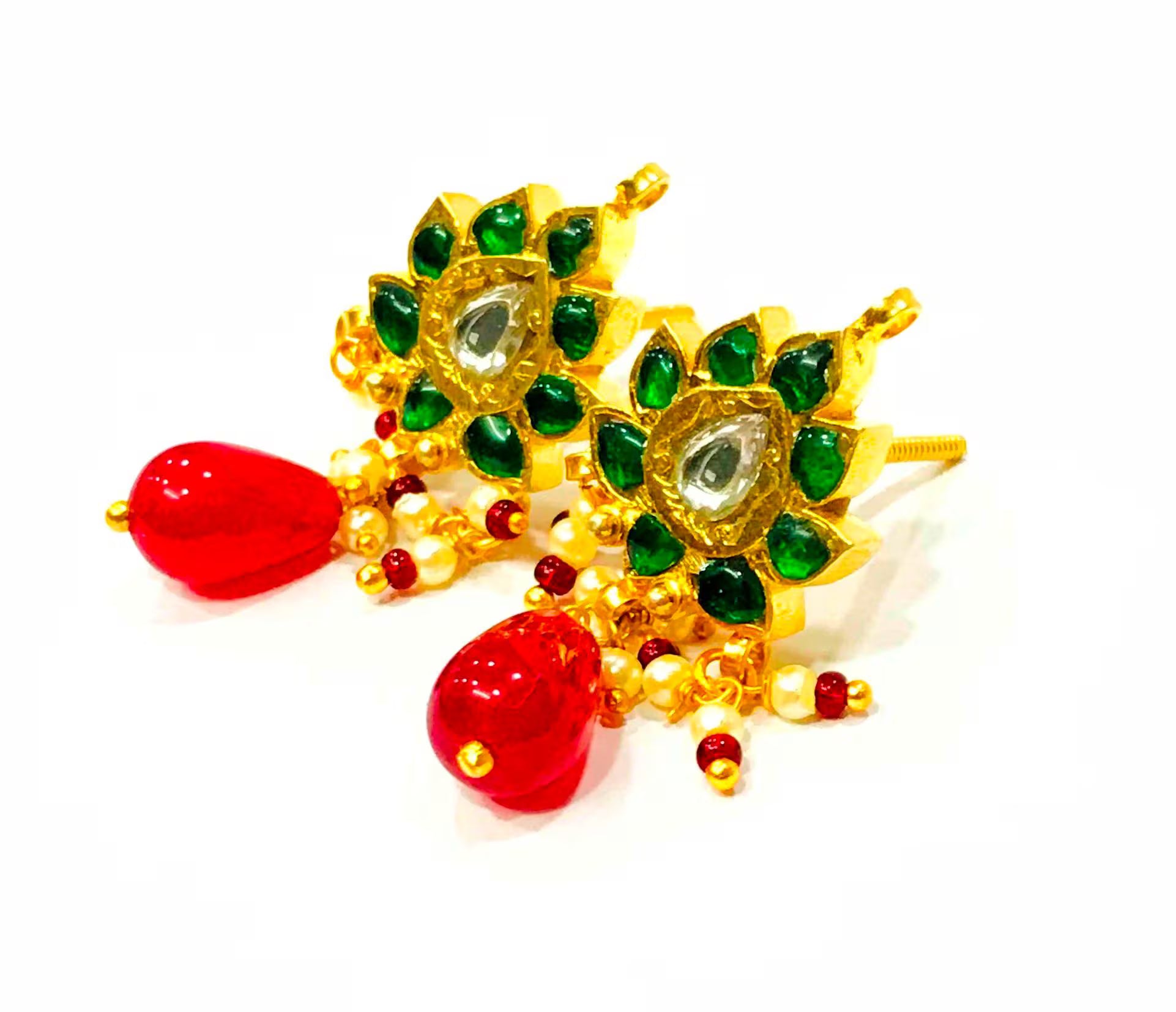 22kt Gold Polki Meenakari Drop Earrings, Handmade Jadau Indian Wedding Jewelry